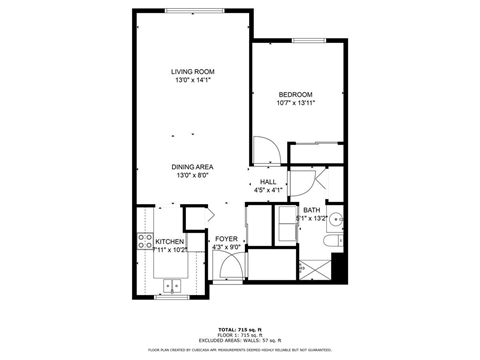 Floor plan for 1 bed, 1 bath, 781 sqft